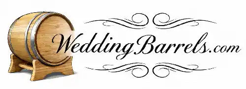 Elegant WeddingBarrels.com logo featuring a wooden wedding barrel on a stand with decorative flourishes and cursive text on a white background.