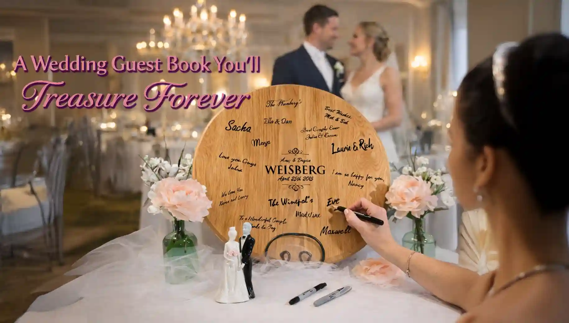 Personalized wooden barrel head wedding guest book being signed by a guest with bride and groom in the background at an elegant wedding reception.