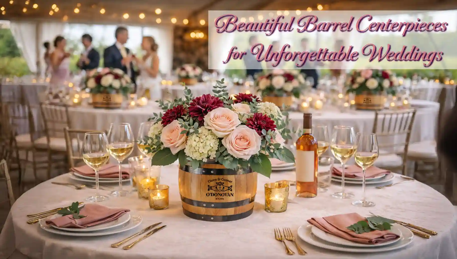 Rustic wine barrel wedding centerpiece with roses and greenery on an elegant reception table with wine glasses and guests enjoying wine in the background.