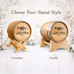Personalized wedding barrel with engraved names and wedding date displayed on two stand options including crossbar stand and cradle stand for rustic wedding decor.