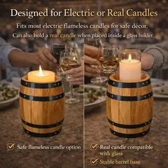 Rustic barrel candle holder compatible with flameless electric candles or real candles in glass for safe wedding decor lighting.