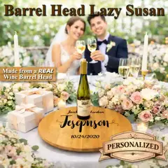 Custom engraved wine barrel head lazy susan made from authentic winery barrel wood with personalized wedding names.