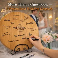 Engraved wooden wedding guestbook board personalized with couple names and wedding date as guests sign during the reception.