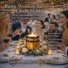 Mini wooden barrel candle holder centerpiece with candlelight creating cozy wedding dinner atmosphere and rustic table decor.