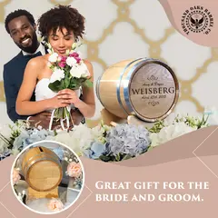 Personalized wedding barrel card holder displayed as a unique wedding gift for the bride and groom.