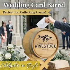 Personalized wedding card barrel on wooden stand collecting guest cards at rustic outdoor wedding reception table