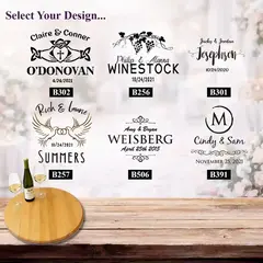 Personalized wine barrel lazy susan engraving design options showing custom name, monogram, and wedding date layouts.