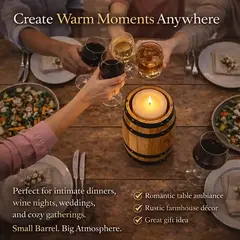 Rustic wooden barrel candle holder wedding centerpiece with candlelight on dining table creating romantic farmhouse wedding decor.