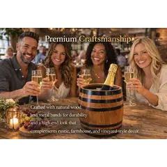 Oak barrel wine and champagne chiller used for entertaining at home bar with friends toasting glasses of champagne