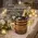 Rustic oak barrel wine and champagne chiller with bottle on ice surrounded by candles and floral arrangements at elegant wedding reception table