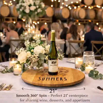 21 inch wine barrel head lazy susan centerpiece with wine bottle and candles displayed on a rustic winery wedding table.