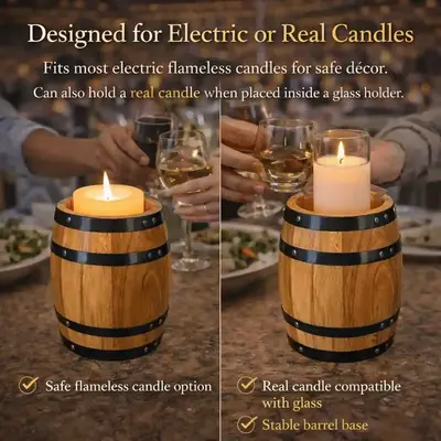 Rustic barrel candle holder compatible with flameless electric candles or real candles in glass for safe wedding decor lighting.
