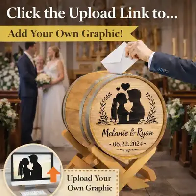 Personalized engraved oak wedding card barrel collecting envelopes during indoor church wedding ceremony.