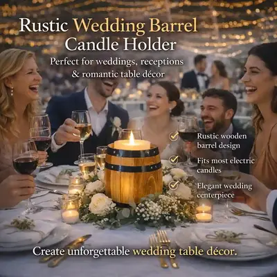 Mini wooden barrel candle holder centerpiece with candlelight creating cozy wedding dinner atmosphere and rustic table decor.