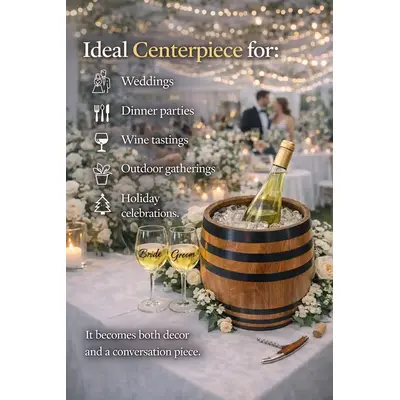 Oak barrel champagne chiller centerpiece at romantic wedding reception with string lights and floral table decorations