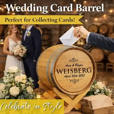 Guest placing a card into a personalized oak wedding barrel card holder at a rustic winery wedding reception.