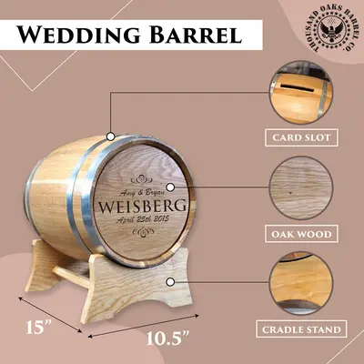 Wedding card barrel dimensions showing card slot size, barrel size, and capacity for approximately 250 cards.