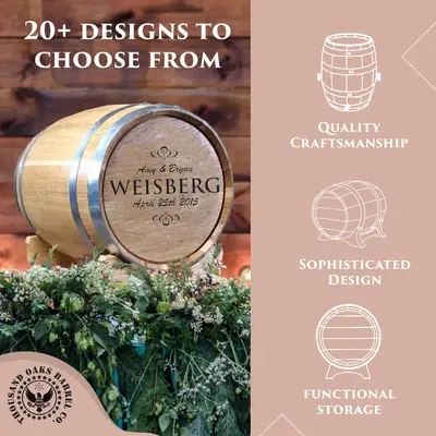 Custom engraved oak wedding barrel card holder showing card slot, oak wood construction, and cradle stand features.