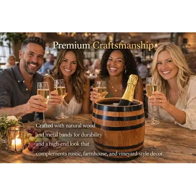 Oak barrel wine and champagne chiller used for entertaining at home bar with friends toasting glasses of champagne