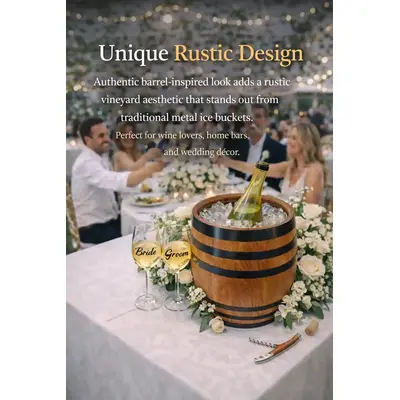 Rustic oak barrel wine chiller centerpiece on vineyard wedding reception table with bride and groom wine glasses