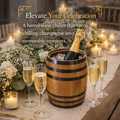 Rustic oak barrel wine and champagne chiller with bottle on ice surrounded by candles and floral arrangements at elegant wedding reception table