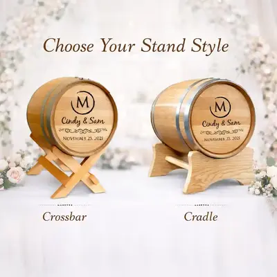 Wedding card barrel stand options comparison showing crossbar stand and cradle stand styles for personalized wooden wedding card holders.
