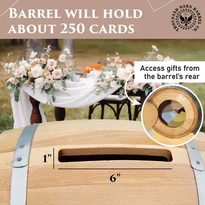 Wooden wedding barrel card holder opened from rear access door showing stored wedding cards.