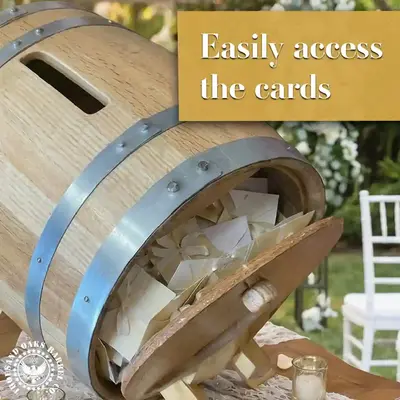 Open wedding barrel card holder showing envelopes stored inside through rear access door.