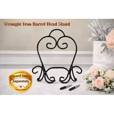 Decorative wrought iron display stand for wine barrel head wedding guestbook sign sold separately.